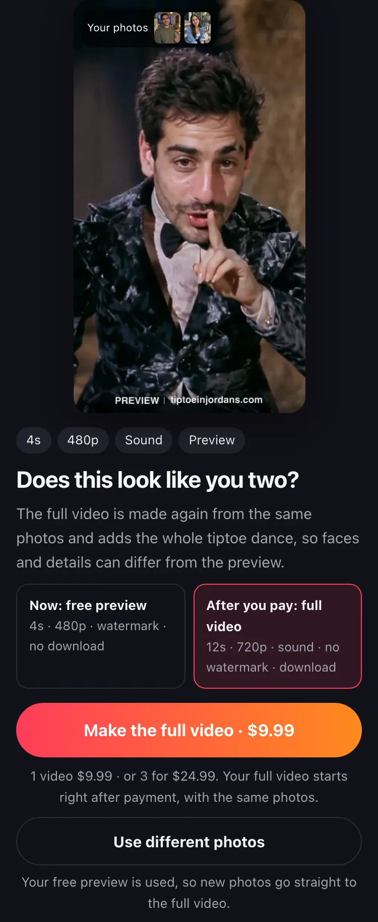 The finished free preview, with the watermark, and the button to make the full video.