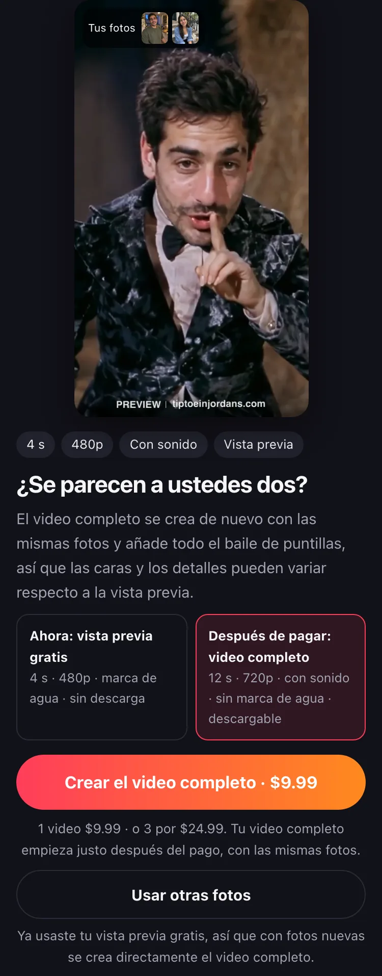 La vista previa gratis terminada, con la marca de agua, y el botón para crear el video completo.