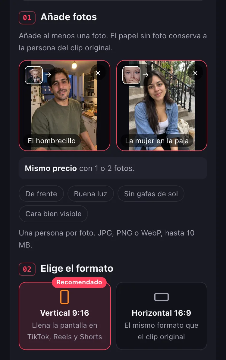 Dos fotos subidas: una para el hombrecillo y otra para la mujer en la paja. Las fotos muestran a personas generadas con IA.