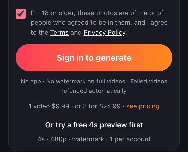 The free preview link sits under the price line: 4s · 480p · watermark · 1 per account.