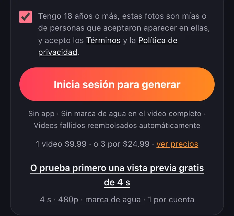 El enlace a la vista previa gratis está debajo de la línea del precio: 4 s · 480p · marca de agua · 1 por cuenta.