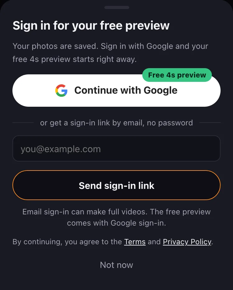 The sign-in sheet for the free preview. Email sign-in can make full videos; the free preview comes with Google sign-in.