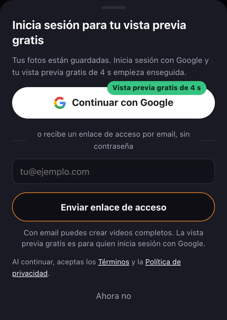 La ventana de inicio de sesión para la vista previa gratis. Con email puedes crear videos completos; la vista previa gratis es para quien inicia sesión con Google.
